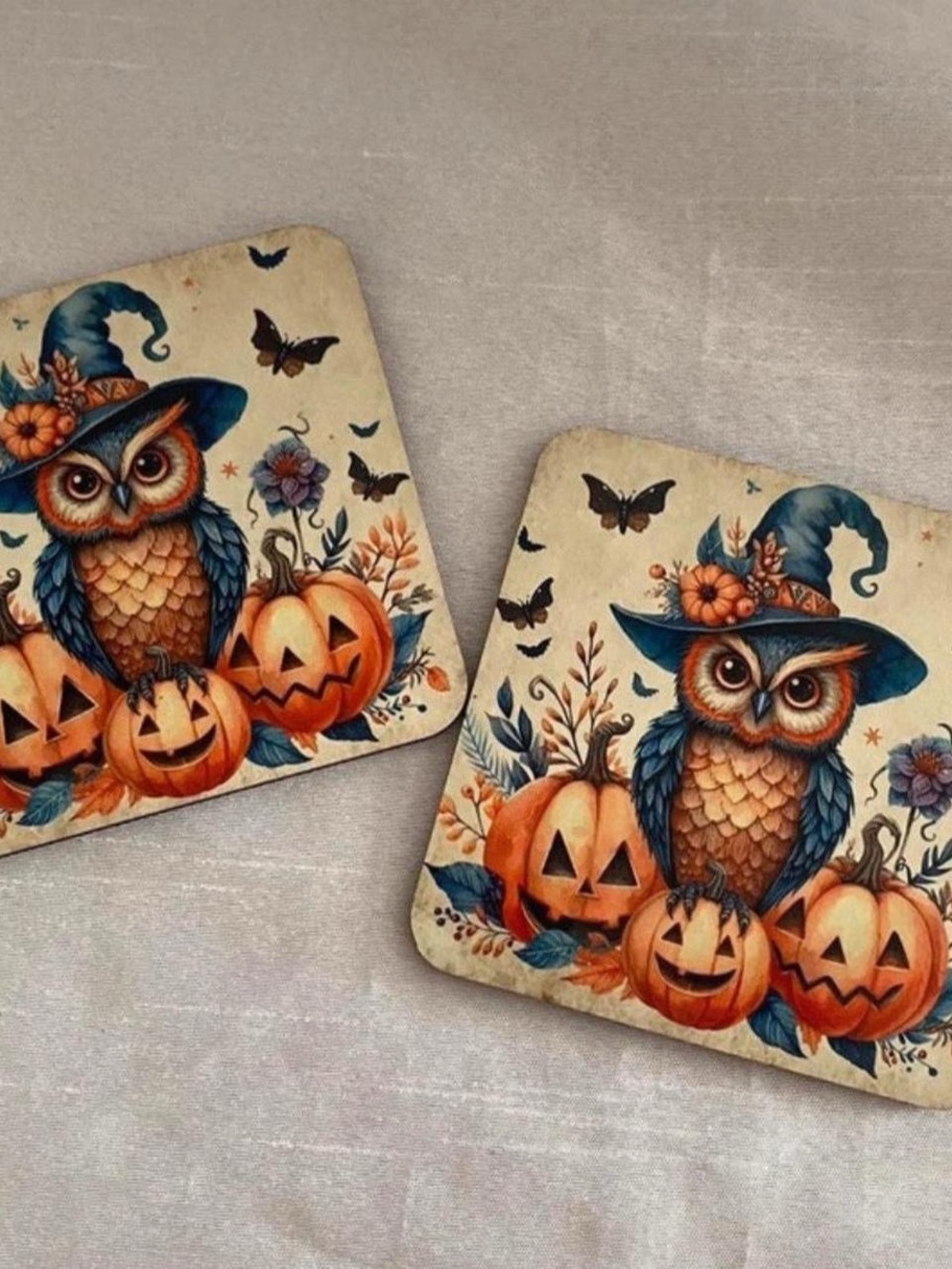 Halloween Owl & Pumpkin Coasters - Orange, Blue set of 2